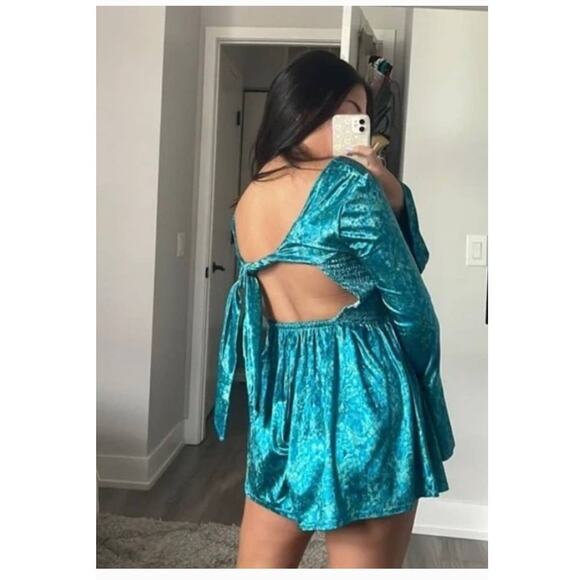 New Free People Bali Tightrope Bali Romper $148 MEDIUM Turquoise Smocked Corset - Picture 3 of 6